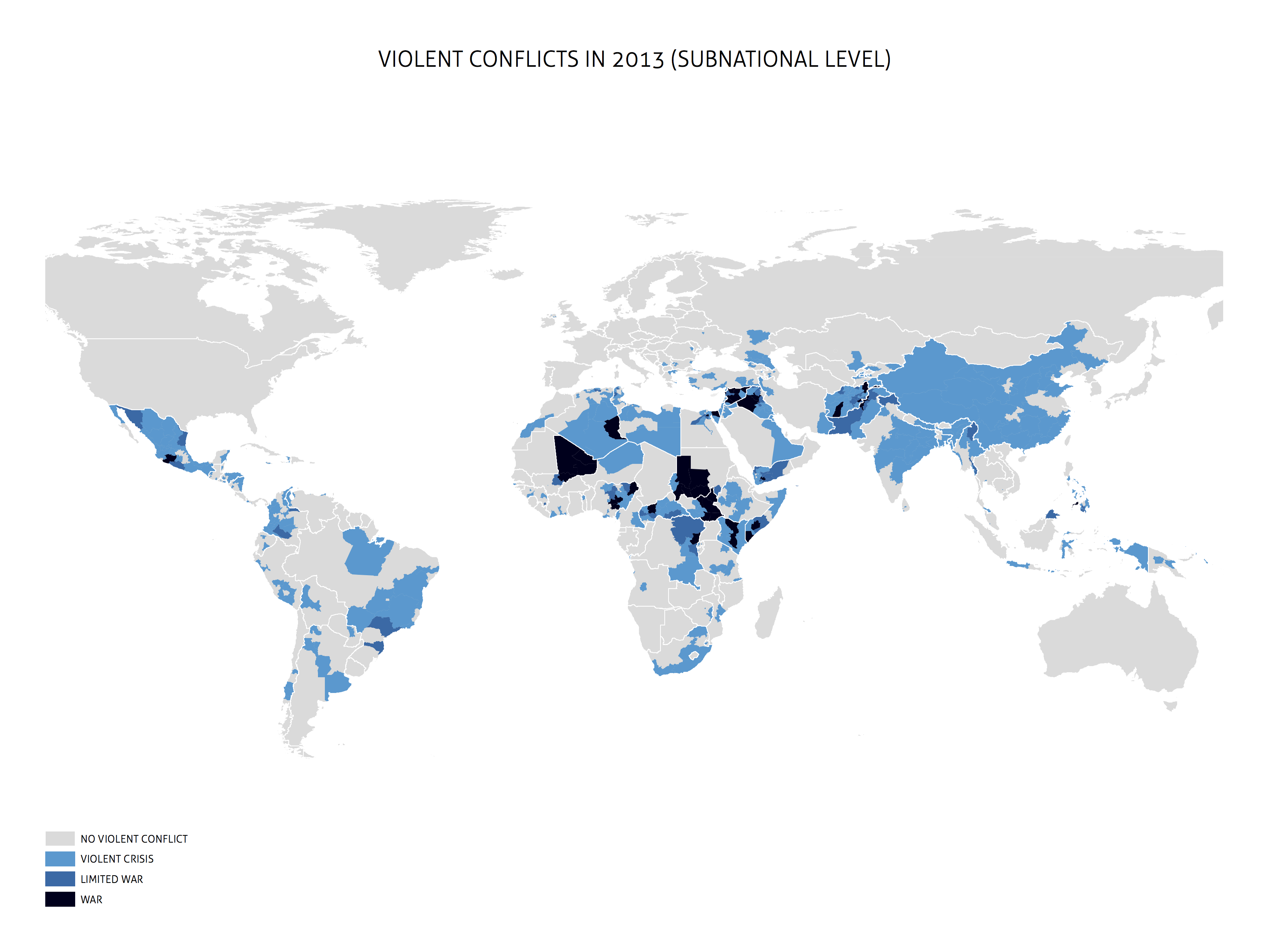 Les conflits violents en 2013 de l'HIIK. Carte à l'échelle infrarégionale issue du Baromètre des conflits 2013. Source et droits : HIIK.