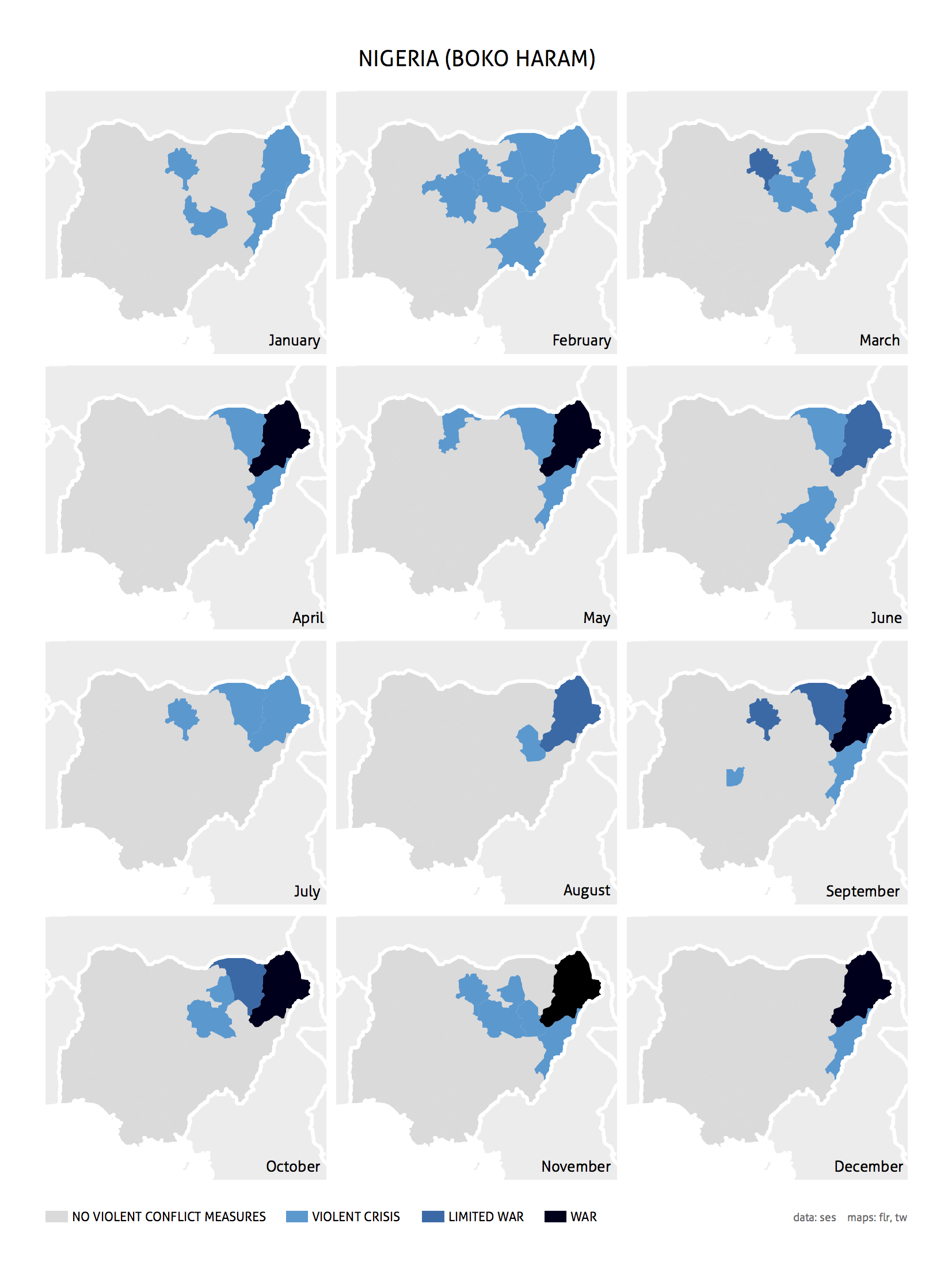 Dynamiques de conflits au Nigéria (Boko-Haram) en 2013. Sources et droits : HIIK.
