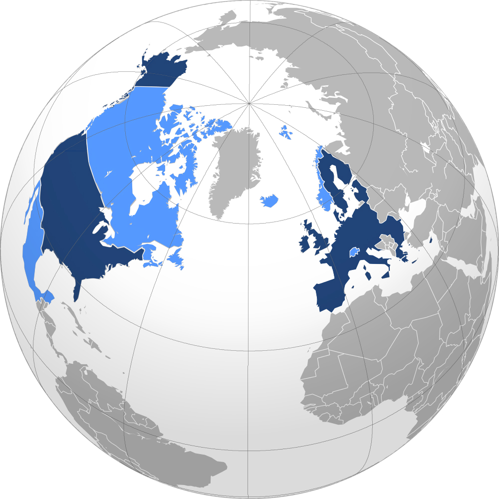 Zone couverte par la zone de libre-échange transatlantique (bleu foncé). Carte de Wikipedia. 