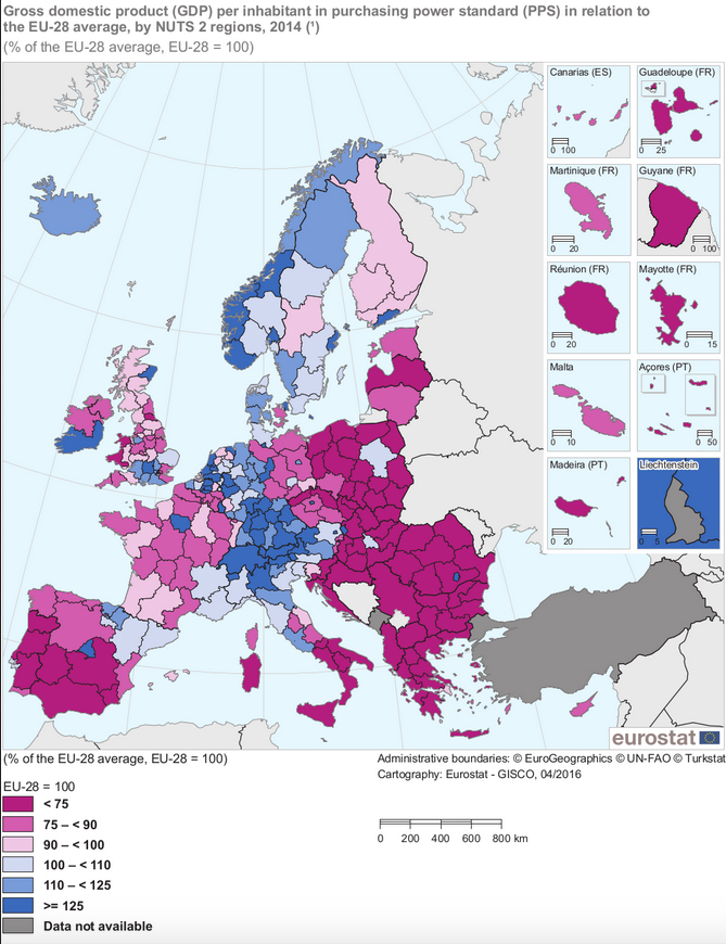 PIB Régions par habitant par EUROSTAT